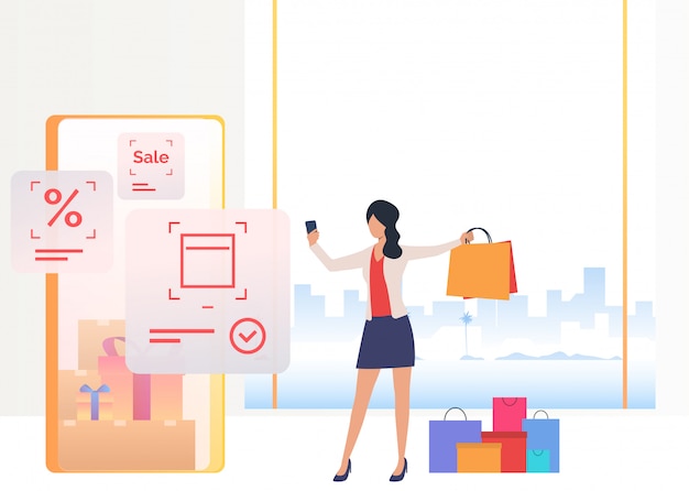 Mujer con bolsa y compras en el teléfono inteligente en línea