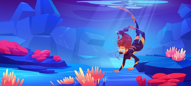 Mujer buceadora con máscara nadando bajo el agua en el mar. Ilustración de dibujos animados vectoriales del paisaje del fondo del océano con piedras, plantas acuáticas tropicales y fauna y niña en traje de buceo con escafandra autónoma