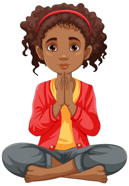 Mujer de cabello rizado orando y meditando con los ojos abiertos
