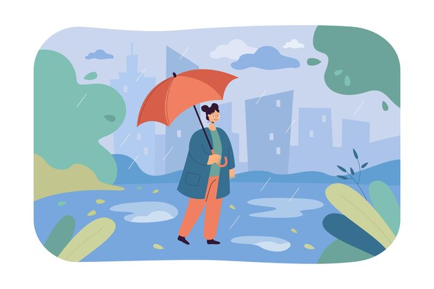 Mujer caminando bajo la lluvia con ilustración plana paraguas. Chica disfrutando de la temporada de otoño y el clima lluvioso en la ciudad.