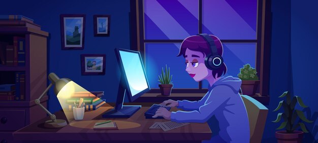 Mujer cansada en la noche en el fondo de dibujos animados de vector de espacio de trabajo de oficina en casa de ventana Trabajo diseño de interiores con computadora monitor dispositivo silla flores pegatinas de papel y concepto de personaje femenino