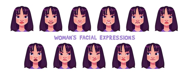 Mujer, carácter, cara, emoción, caricatura, vector, conjunto, feliz, triste, enojado, y, sonrisa, diferente, mujer, sentimiento, avatar, ilustración, varios, morena, pelo, adolescente, estado de ánimo, expresión, cómico, cabeza de usuario