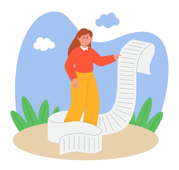 Mujer caricaturista sosteniendo un cheque largo o una lista de tareas. Persona de negocios con rollo de papel grande, factura, lista de verificación o ilustración de vector plano de documento. Gestión del tiempo, compras, concepto de pago por banner.