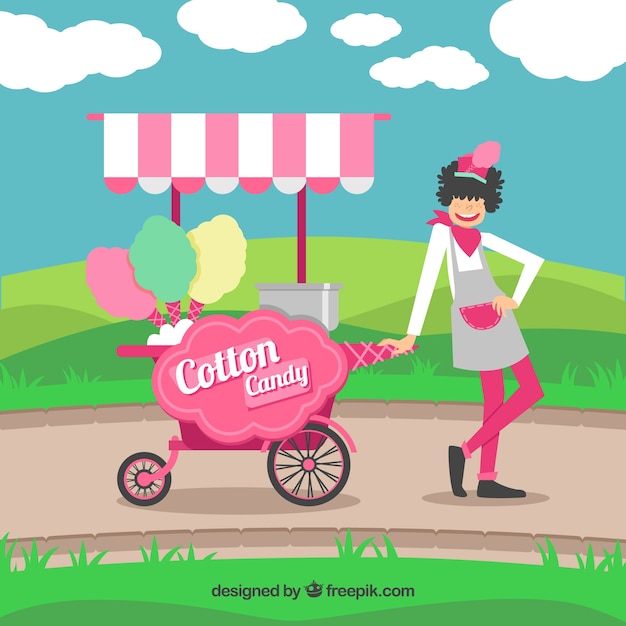 Vector gratuito mujer con carro de algodón de azúcar en el parque