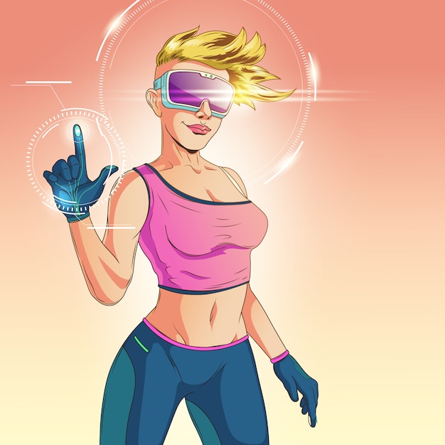 Vector gratuito mujer en casco de realidad virtual.