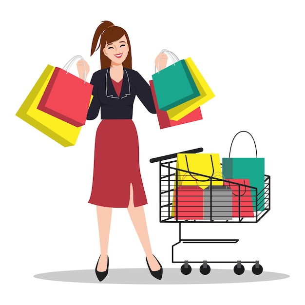Mujer cliente de compras con concepto de carretilla