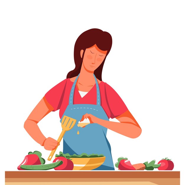 Mujer cocinando ensalada de vegetales saludables ilustración vectorial plana