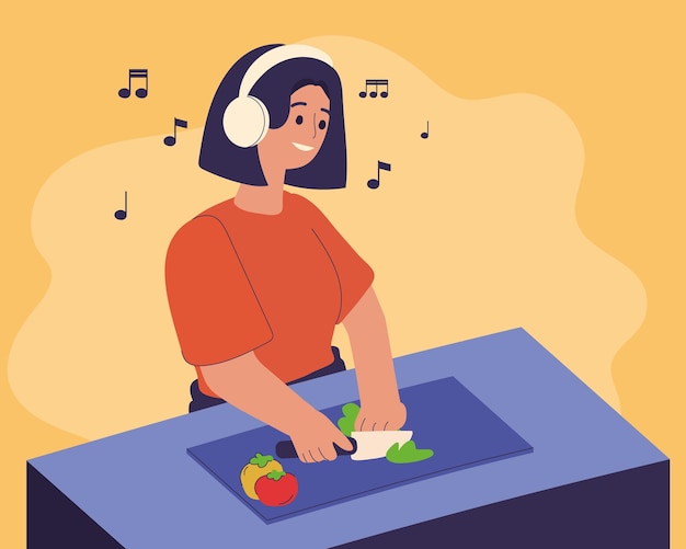 Vector gratuito mujer cocinando y escuchando música