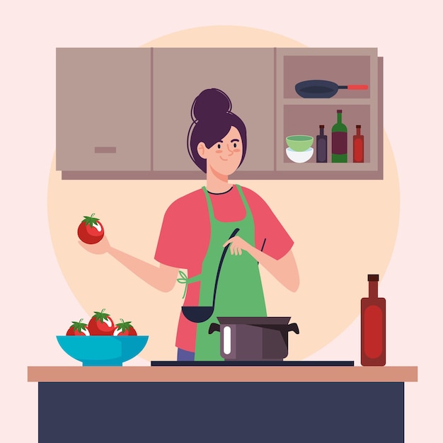 Mujer cocinando con tomates rojos