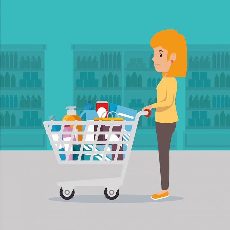 Vector gratuito mujer con comestibles de supermercado