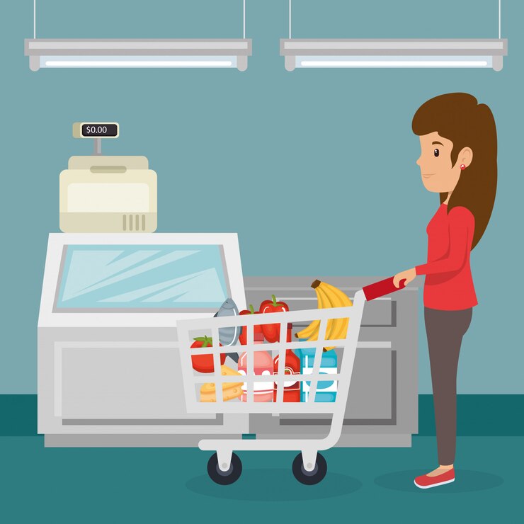 Vector gratuito mujer con comestibles de supermercado