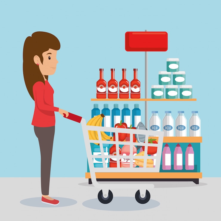 Vector gratuito mujer con comestibles de supermercado