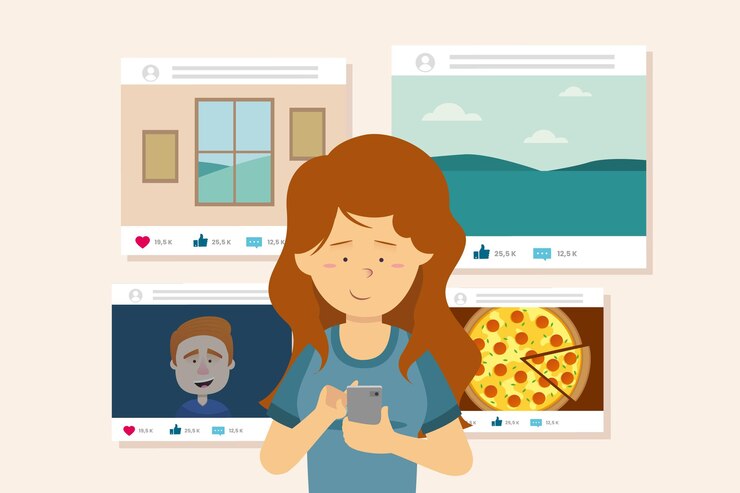 Vector gratuito mujer compartiendo contenido en redes sociales