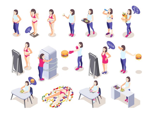 Mujer en composición isométrica de dieta con personaje femenino abrazando nevera cubierta con cadenas ilustración vectorial