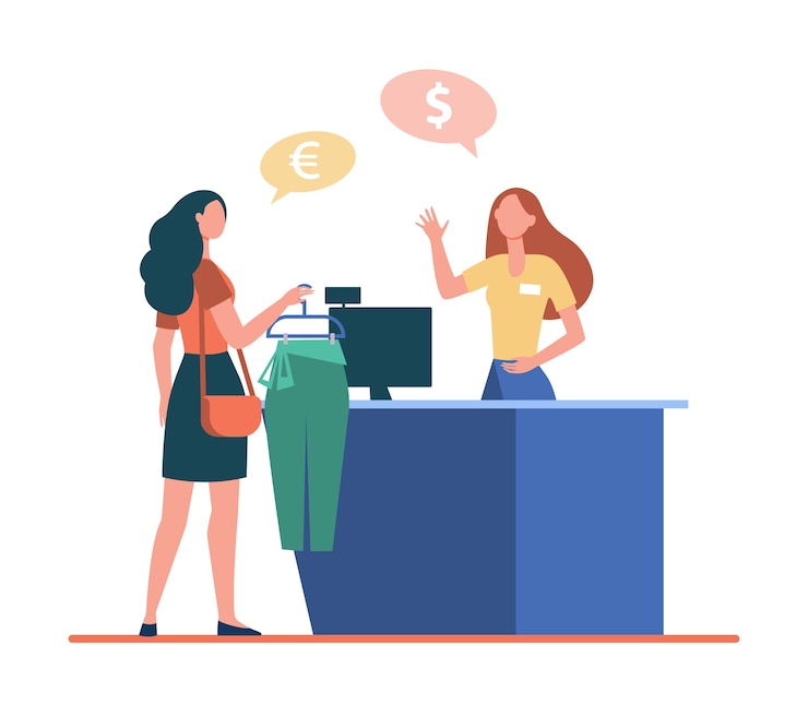 Vector gratuito mujer comprando ropa en la tienda de moda, consultando al cajero en el mostrador.