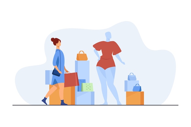 Mujer de compras en la tienda de moda. Cliente con bolsas, maniquí, accesorio ilustración vectorial plana. Consumismo, consumidor, concepto de compra de ropa.