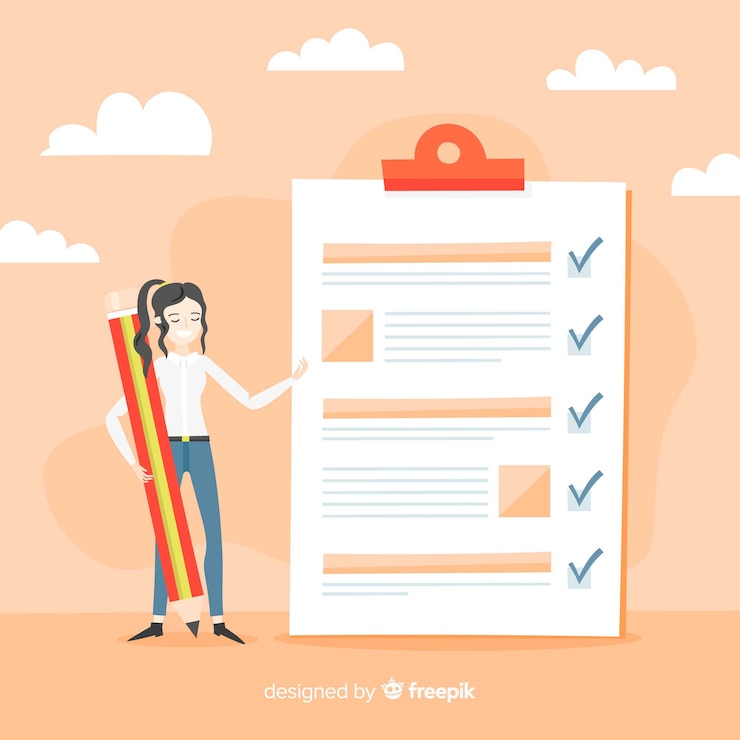 Vector gratuito mujer comprobando la lista de verificación gigante