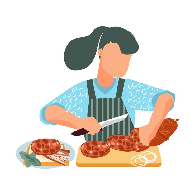 Mujer cortando salchichas para sandwich