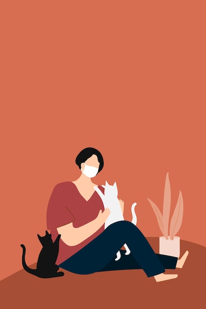 Vector gratuito mujer en cuarentena jugando con su gato vector
