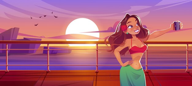 Mujer en cubierta de crucero disparar selfie en smartphone, chica en vestido de verano fotografiándose a sí misma en la vista del paisaje marino del océano en barco o velero. Viaje de vacaciones de verano, ilustración vectorial de dibujos animados