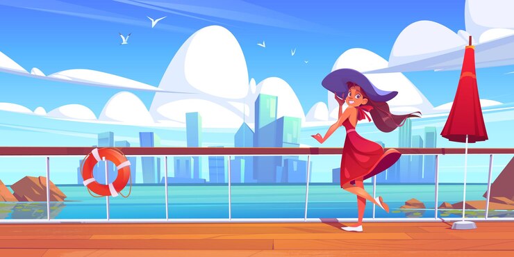Vector gratuito mujer en la cubierta del crucero en vistas al mar y a la ciudad