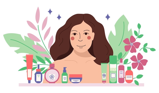 Mujer cuerpo cuidado de la belleza fondo plano con composición de carácter femenino y productos cosméticos en la ilustración de vector de estante