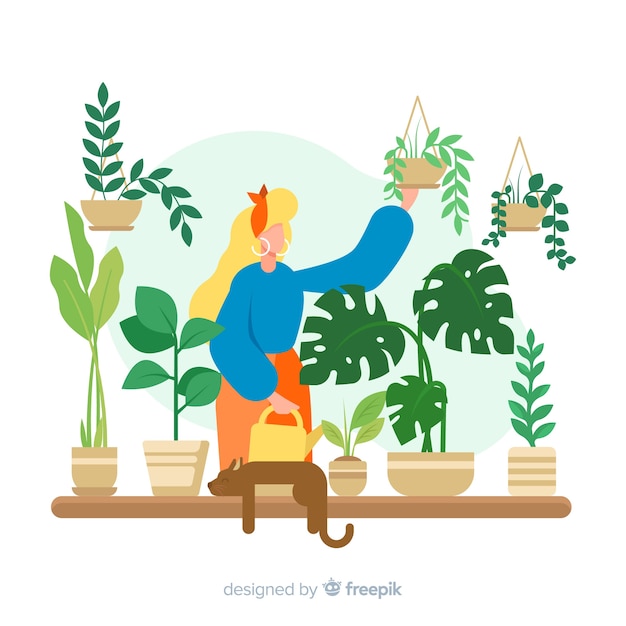 Vector gratuito mujer cuidando plantas