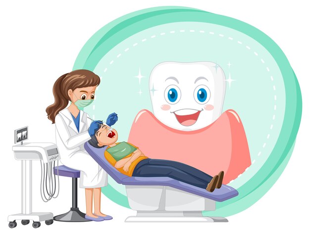 Mujer dentista examinando los dientes del paciente sobre fondo blanco
