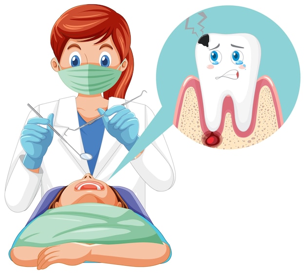 Mujer dentista examinando los dientes del paciente sobre fondo blanco