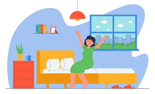 Mujer despertándose en la ilustración vectorial plana matutina. Alegre personaje femenino sentado en la cama y estirándose, preparándose para un nuevo día, levantándose después de un sueño profundo. Dormitorio, hogar, concepto de rutina.