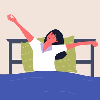 La mujer se despierta por la mañana estirándose en la cama con los brazos levantados ilustración plana del despertar