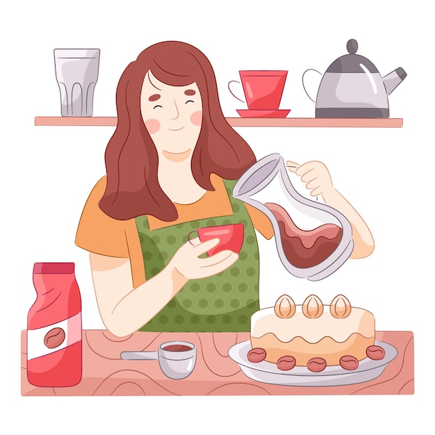 Mujer dibujada haciendo café en su cocina