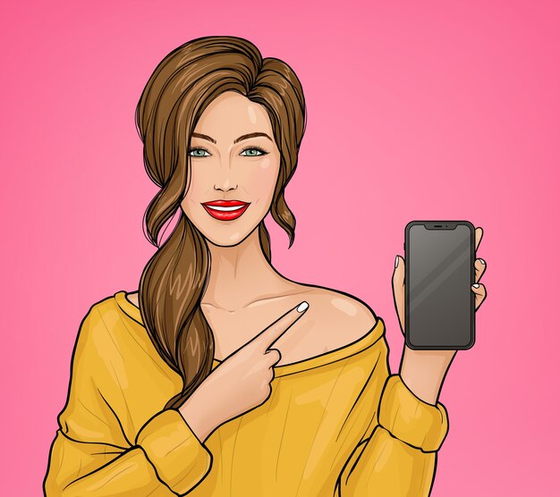 Mujer dibujada a mano apuntando a su ilustración de teléfono inteligente