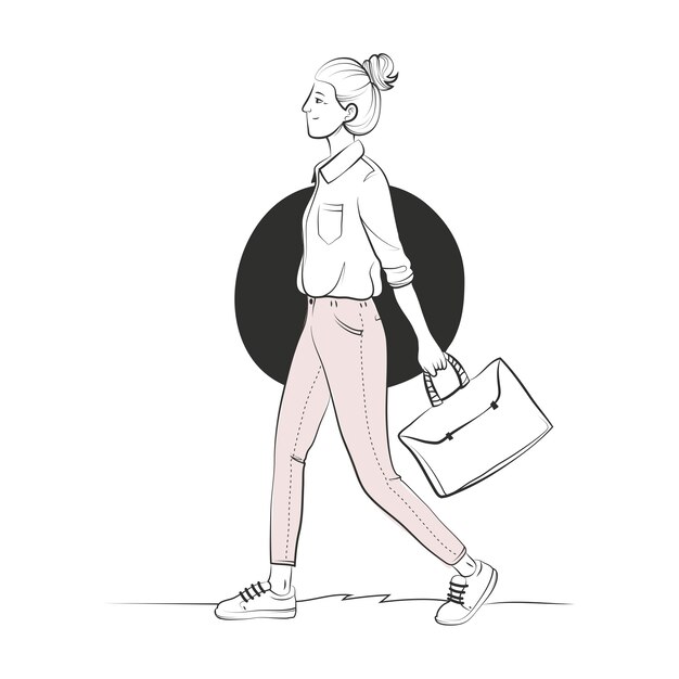 Mujer dibujada a mano caminando dibujo ilustración