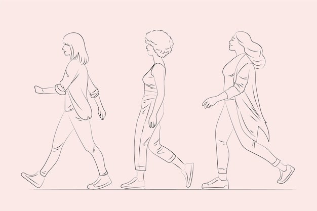 Mujer dibujada a mano caminando dibujo ilustración