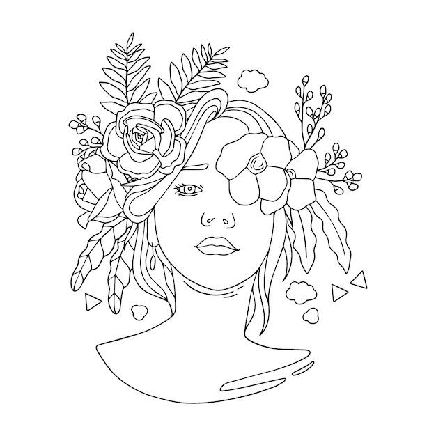 Mujer dibujada a mano con flores ilustración