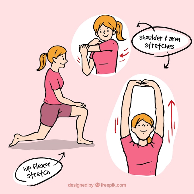 Mujer dibujada a mano haciendo ejercicios de rehabilitación