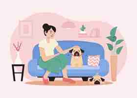 Vector gratuito mujer dibujada a mano con perros lindos