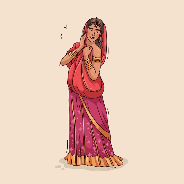 Mujer dibujada a mano con sari ilustrado