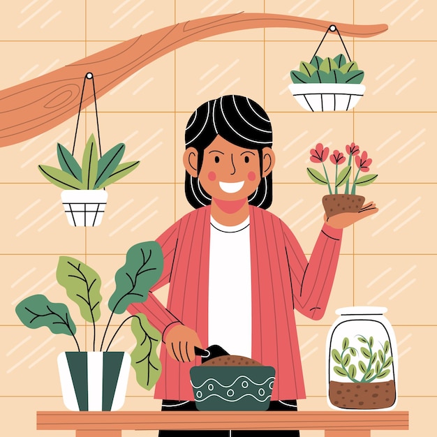 Vector gratuito mujer de dibujos animados cuidando plantas