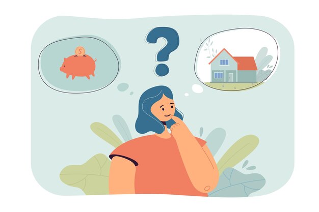 Mujer de dibujos animados eligiendo entre ahorrar dinero y comprar casa