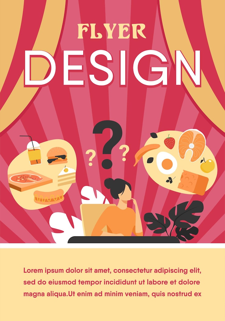 Vector gratuito mujer de dibujos animados eligiendo entre comida saludable y comida no saludable plantilla de volante plano aislado