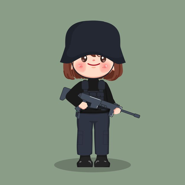 Mujer de dibujos animados linda en soldado del ejército tailandés marina y uniforme militar personaje vectorial premium
