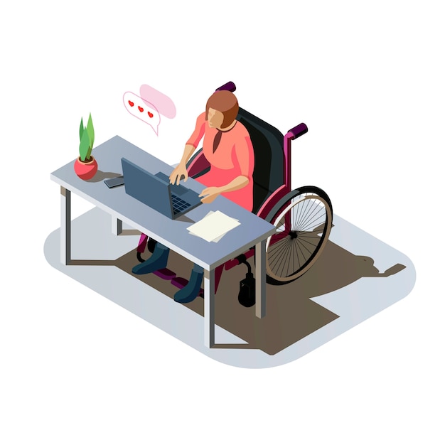 Mujer con discapacidad en el escritorio trabajando en una computadora. señora inválida con lesión en silla de ruedas que trabaja o se comunica en línea. personaje discapacitado en el lugar de trabajo, ilustración isométrica.