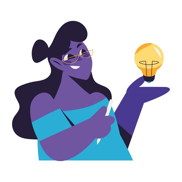 Mujer con diseño de bombilla y icono de creatividad aislado.
