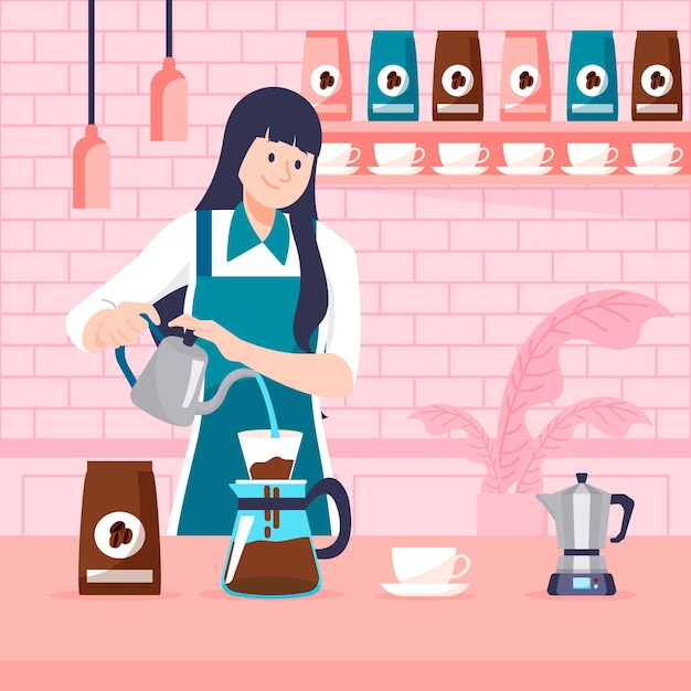 Vector gratuito mujer de diseño plano haciendo café