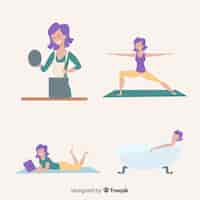 Vector gratuito mujer disfrutando de su tiempo libre tomando un baño, leyendo, haciendo yoga y cocinando