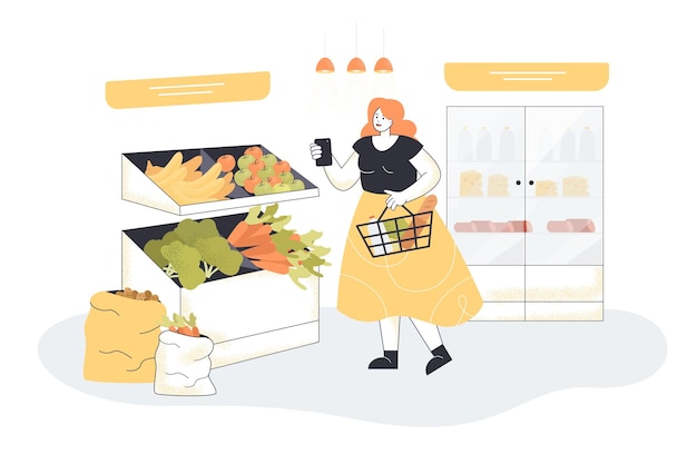 Vector gratuito mujer divertida con cesta de la compra eligiendo frutas y verduras en los estantes de la tienda de comestibles