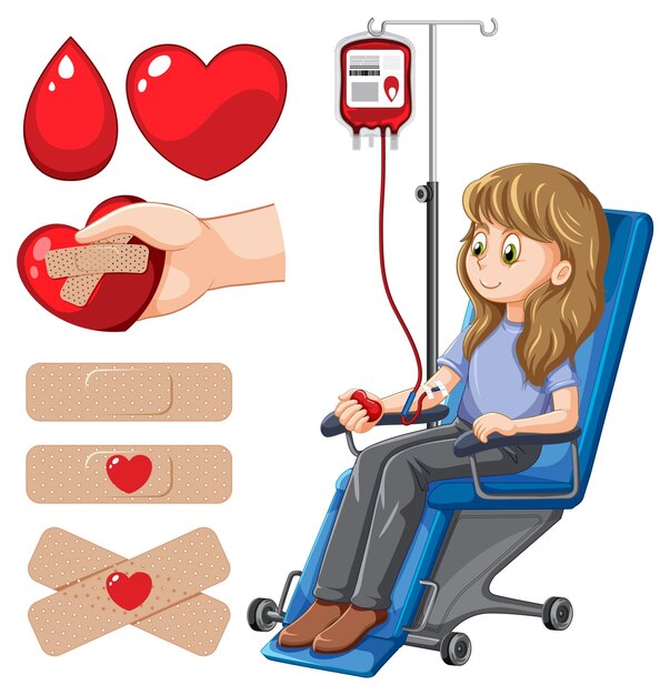 Vector gratuito mujer donante de sangre con bolsa de sangre y vendaje de yeso