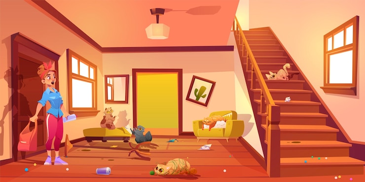 Vector gratuito mujer dueña de un gato sorprendida en el desordenado interior del pasillo